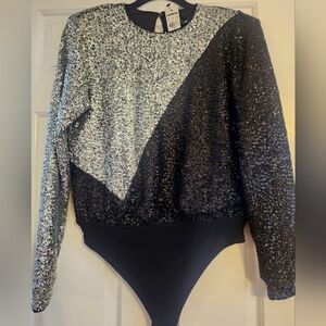 Black, Silver, Sequins, Body Suit